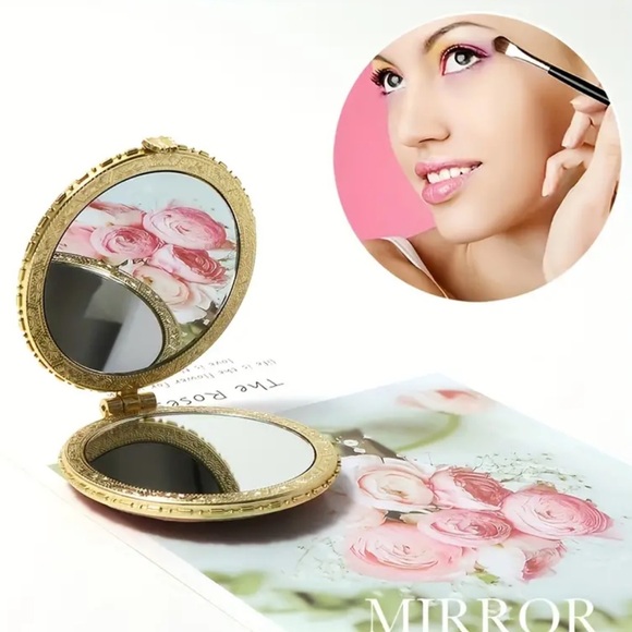 134. NEW| Blue Round Foldable Compact Hand Mirror Floral Vintage Retro Design - Picture 5 of 9